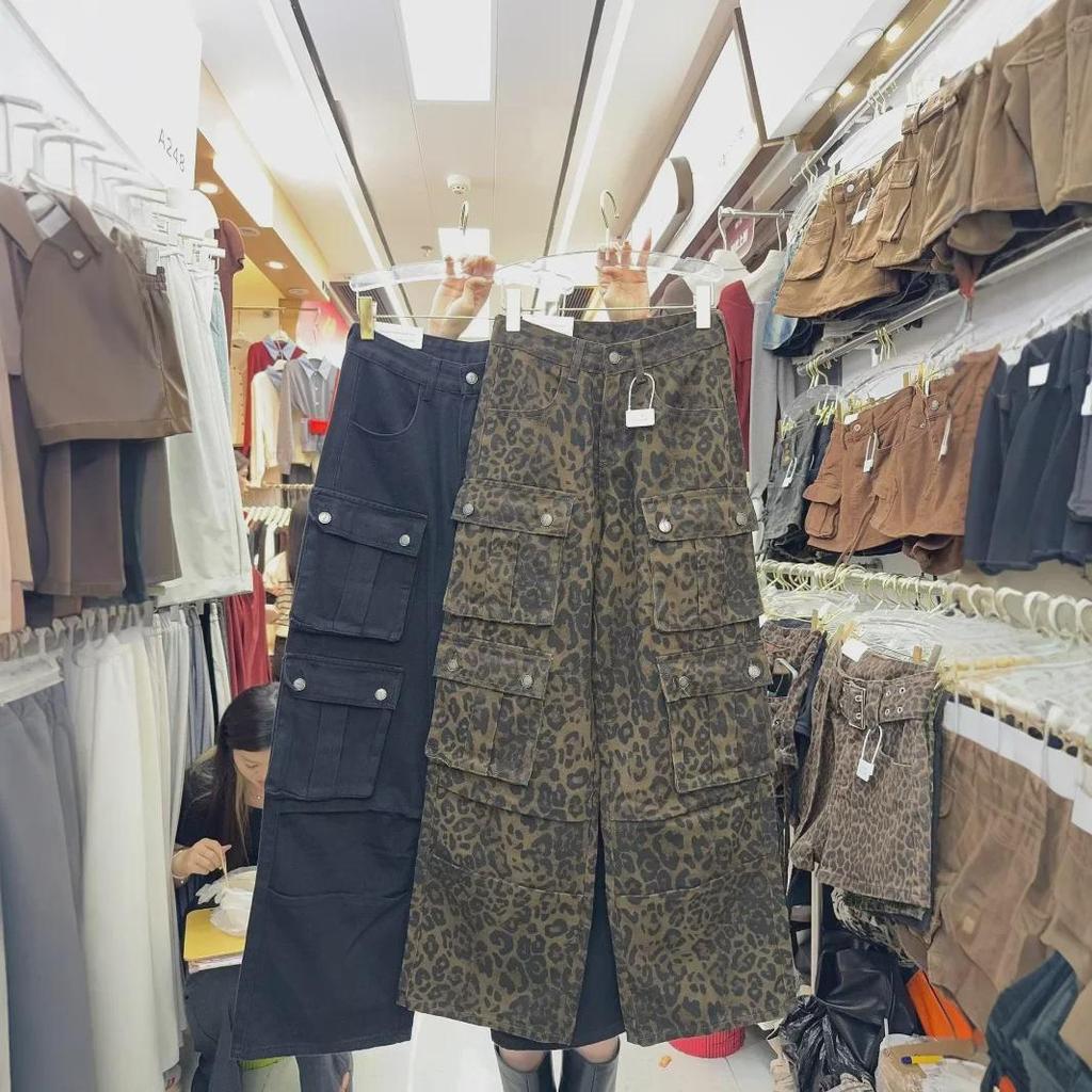 Unisex High Street Leopard Print Denim Overalls: Pleated Multi-Pocket Loose Wide-Leg Trousers 3802