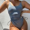 Sexy Ribbed Swimwear Women One Piece Swimsuit High Cut Bathing Suit Drawstring Tie Waist Bodysuit Swimming Suit Beachwear Bather
