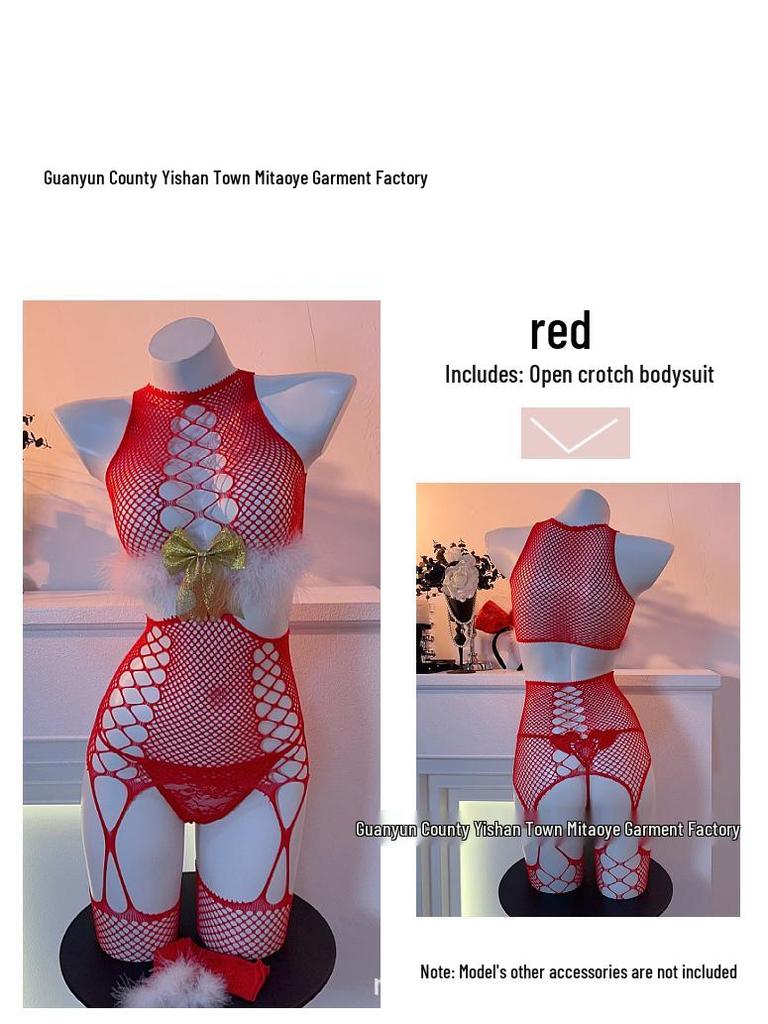 Golden Bow Christmas Cutout Fishnet Lingerie - Sexy, Fuzzy, Open Crotch Red Stocking for New Year