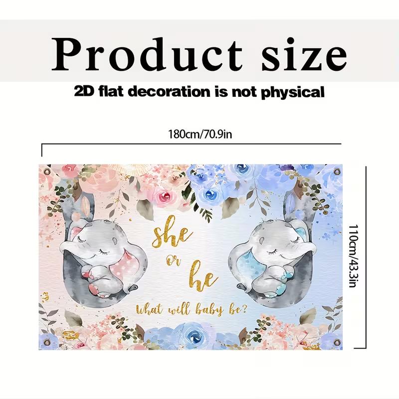 "She or He" Floral Elephant Backdrop for Gender Reveal Party and Baby Shower