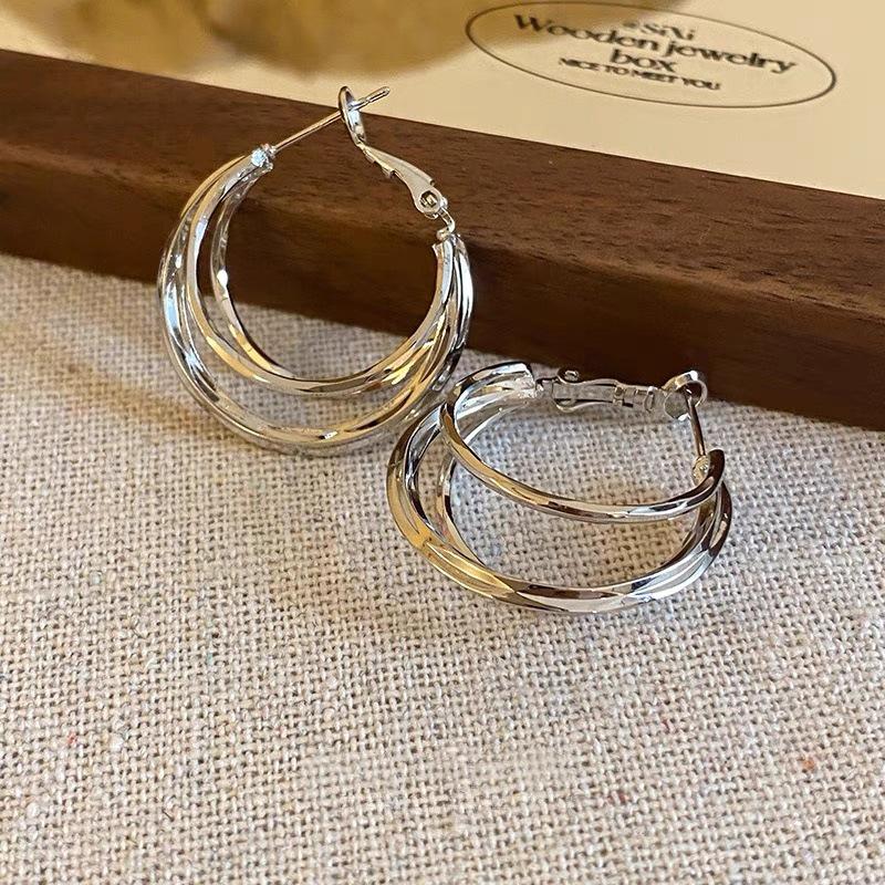 Silver Multi-Layer C-Shaped Hoop Earrings - 2024 Light Luxury Style for Women