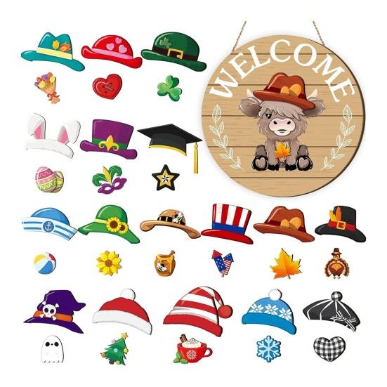 1 Set Interchangeable Wooden Welcome Sign with Seasonal Hat Accessories Gnome Highland Cow Hanging Front Door Sign Home Office Holiday Decoration