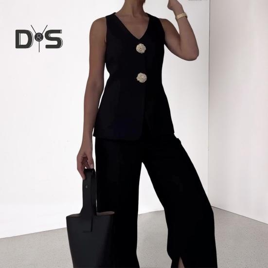 2 Pcs/Set Women Suit Vest Pants Set V Neck Double Button Closure Sleeveless Waistcoat High Waist Solid Color Pants OL Commute Business Outfit