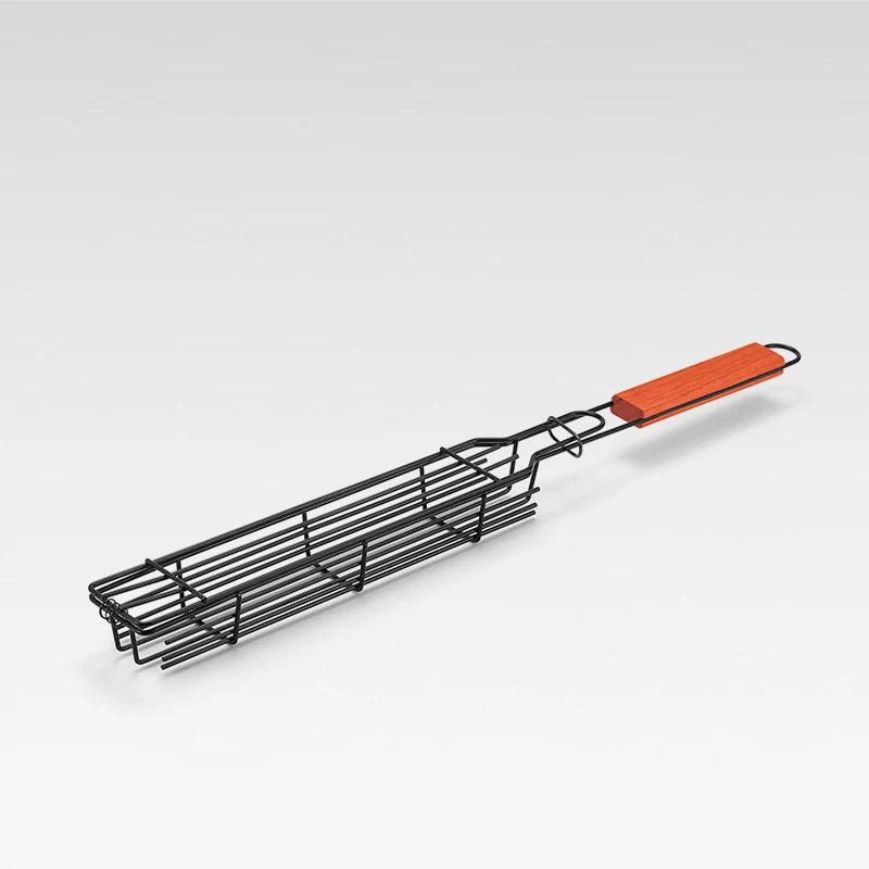 BBQ Skewers Basket Wooden Handle Barbecue Cage Outdoor Camping Barbecue Net Square Meat and Vegetable Barbecue Tube BBQ Tools
