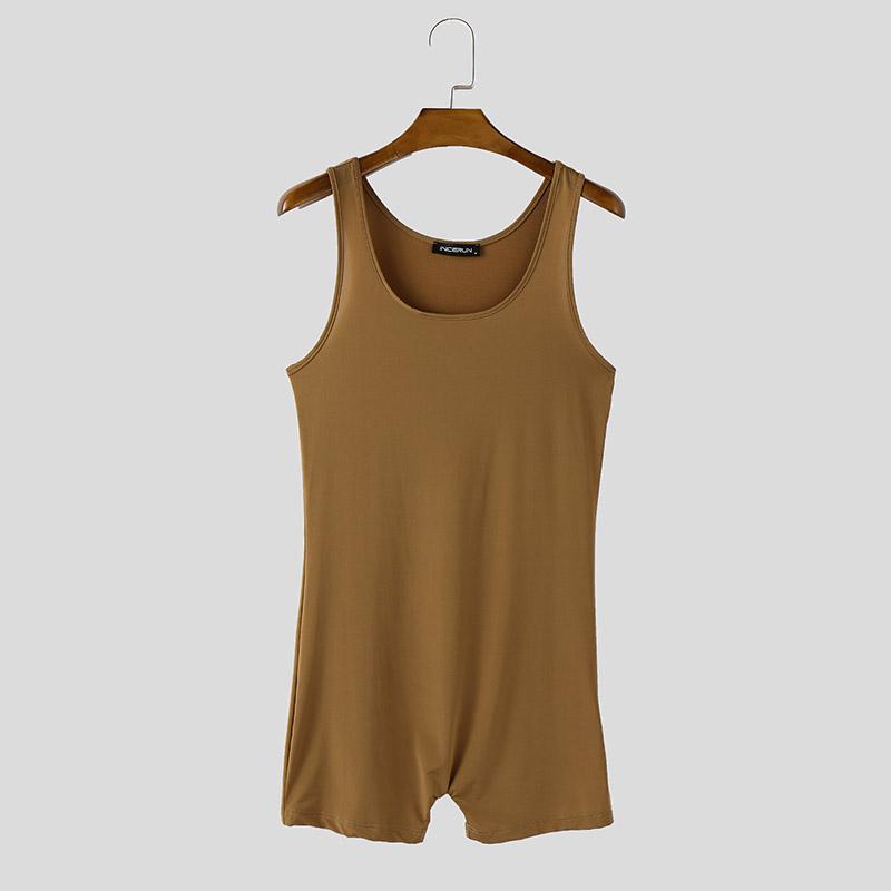 INCERUN Men Sleeveless Solid Color Thin Semi-Sheer Bodysuits Jumpsuits Short Rompers Underwear