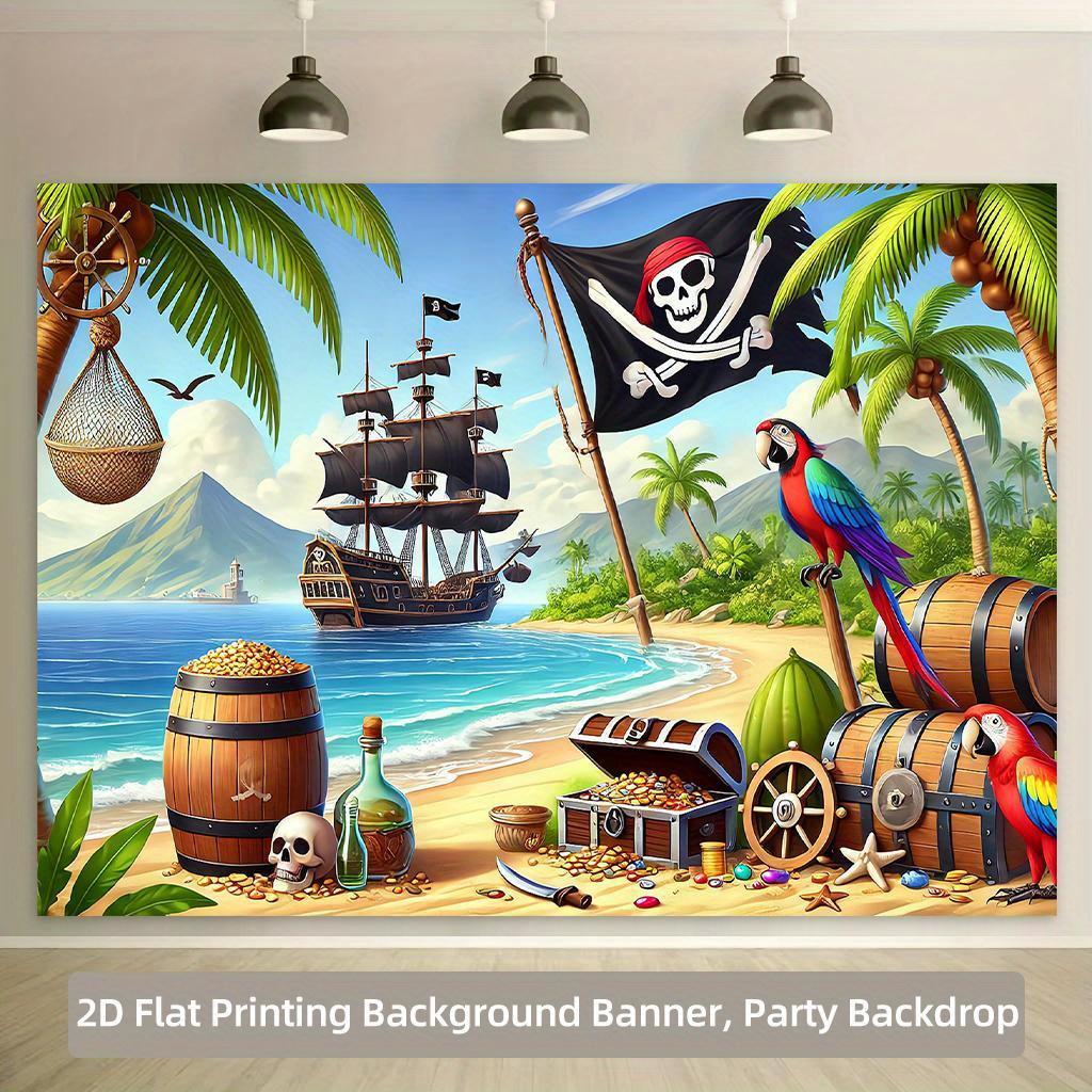 2D Plane - 2D Plane - A 2D background fabric with patterns of pirate ships, treasures, and parrots painted on it