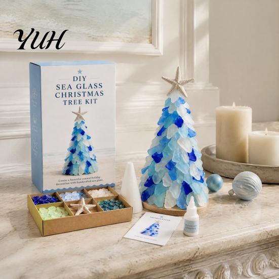 Ocean Inspired Holiday Ornaments DIY Sea Glass Christmas Tree Art Kit, 3D Coastal Xmas Craft Kit Beach Theme Home Decorations with Pieces, Handmade