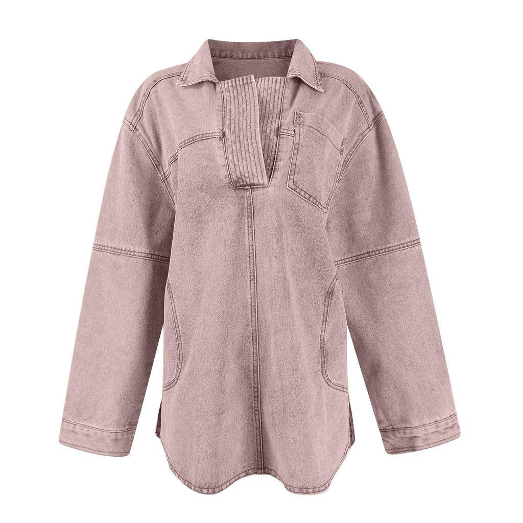 Women's Denim Pullover Casual Button V Neck Blouse Loose Fit Long Sleeve Jean Jacket With Pocket