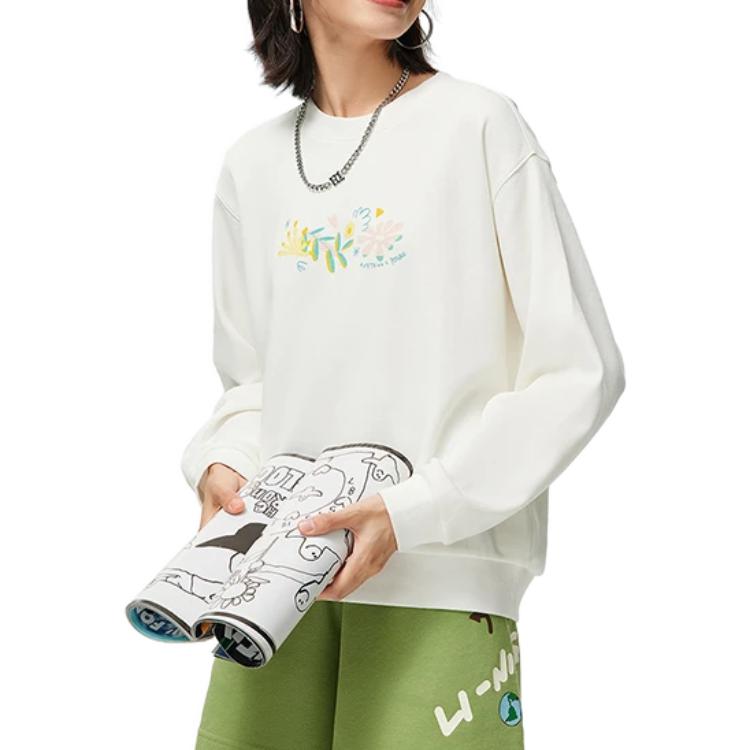 Li-Ning Свободный свитшот с цветочным принтом и круглым вырезом, женские топы, цвет Off-White AWDT446-1