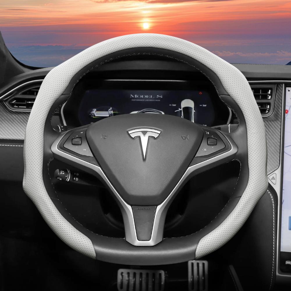 Подходит для Tesla, Чехол на перфорированное кожаное рулевое колесо, Нескользящий, Впитывающий пот, Дышащий, Интегрированный защитный чехол-защелка для Model 3 Y S