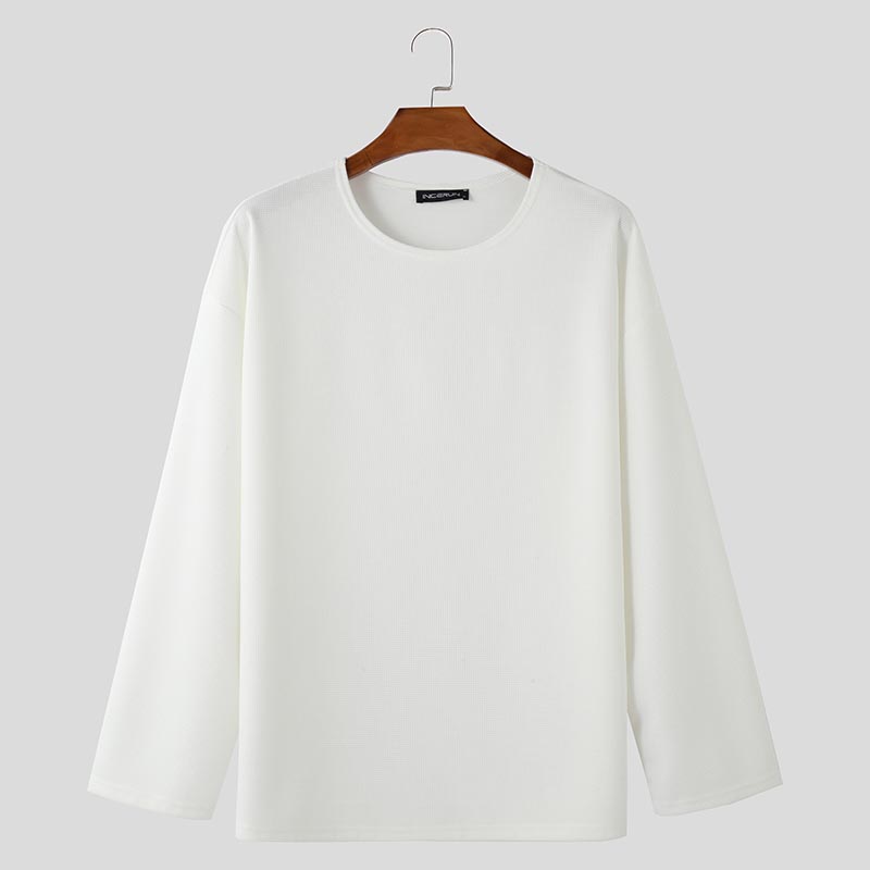 INCERUN Men Round Neck Long Sleeve Texture Waffle Casual Oversized T-shirts
