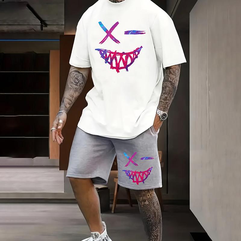Мужской костюм, летний повседневный дышащий освежающий костюм с принтом 3D Evil Face, большой мужской свободный топ, модный с короткими рукавами