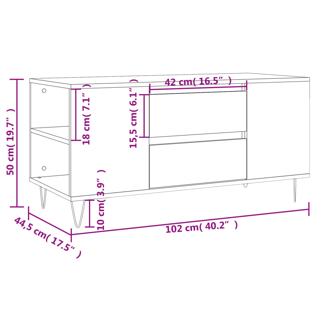 Coffee Table Grey Sonoma 102 x 44.5 x 50 cm Particleboard