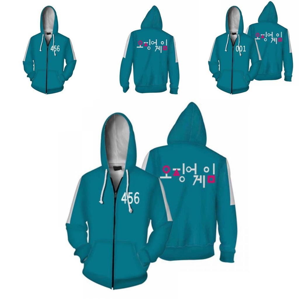 Роскошная зеленая куртка-худи на молнии Игра в кальмара 001 456 Вдохновленная Netflix верхняя одежда