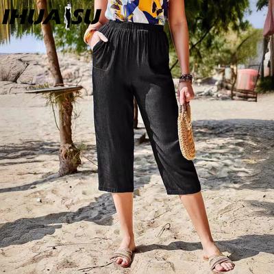 Весна-лето, искусственный шелк, свободные модные повседневные брюки-капри с карманами для женщин