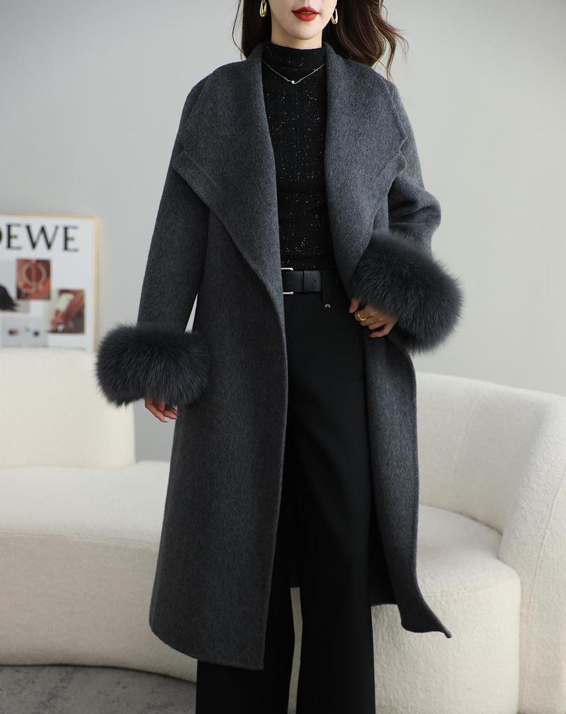 2025 Women's French Double-Faced Wool Coat with Cashmere & Real Fox Fur