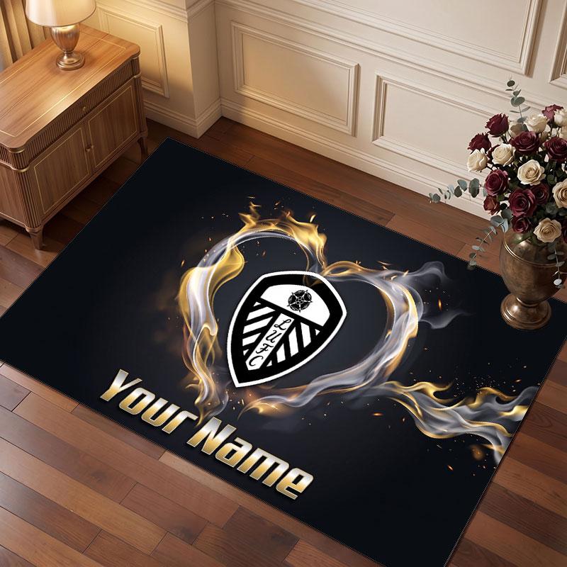 Leeds United Custom Crystal Velvet Rug, Personalized Name Text Print, Football Logo Soft Non‑Slip Floor Mat Home Decor Gift