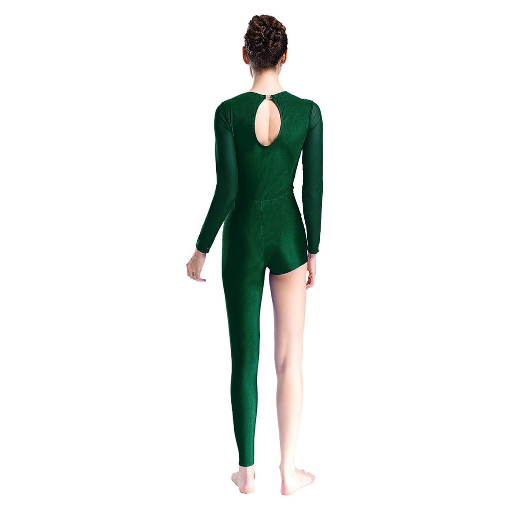 Womens Dance Jumpsuit Sheer Mesh Inserts Long Sleeve Style Keyhole Back Detail Sparkling Rhinestones Bodysuit