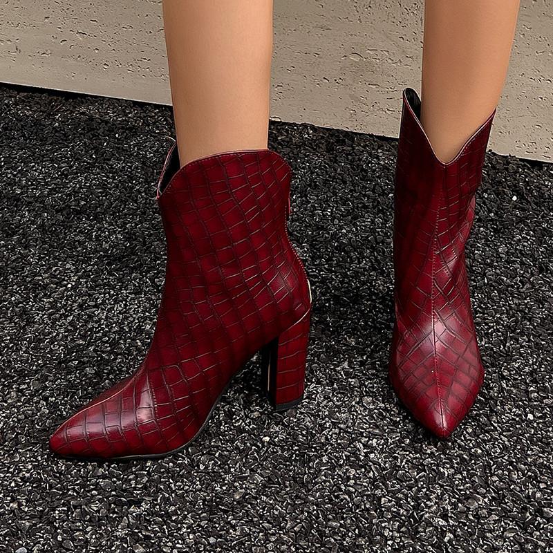 Women's High-heeled Short Boots Autumn and Winter New Solid Color Crocodile Pattern Thick Heel Large Size Pointed Short Boots