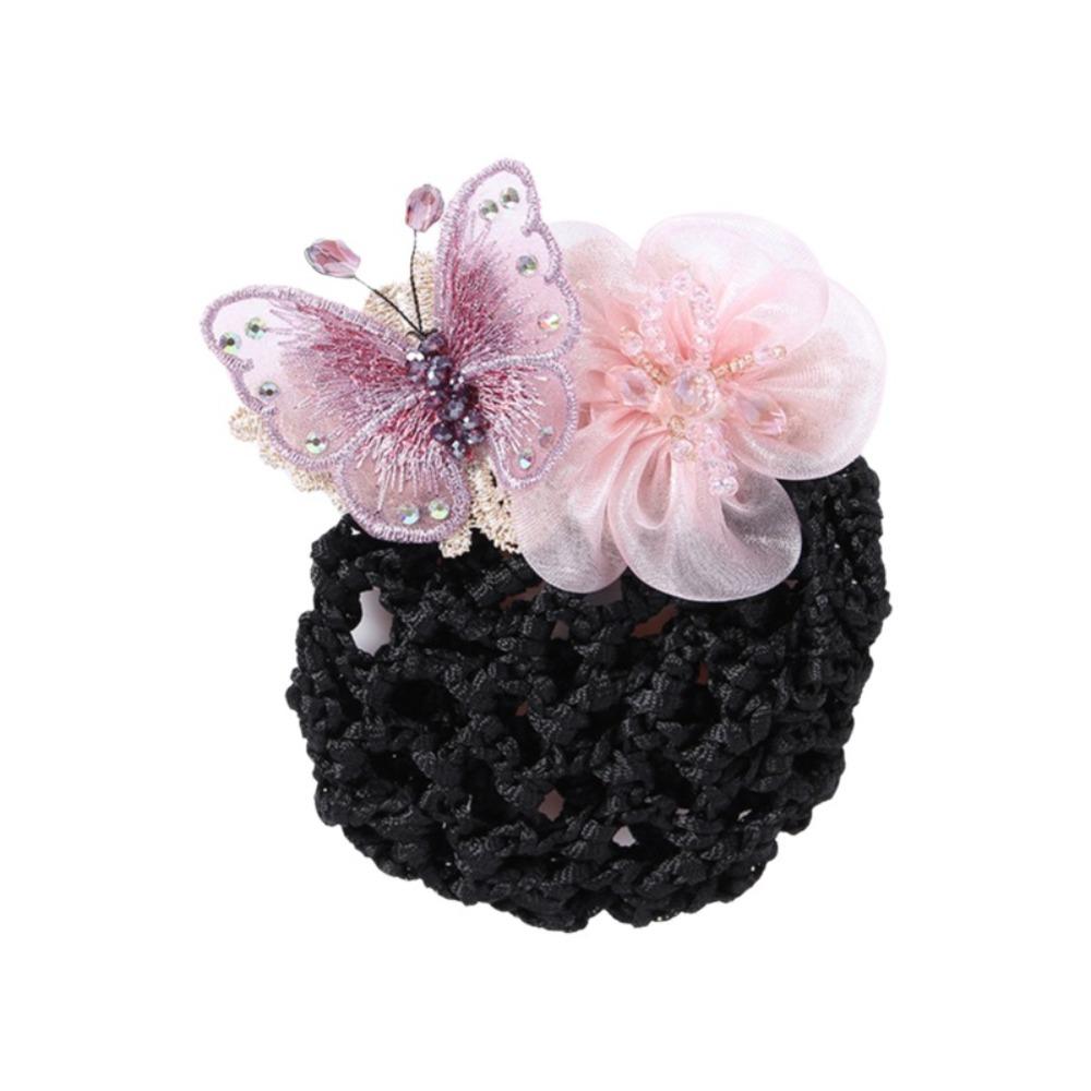 Butterfly Flower Elastic Hair Net Rhinestone Beads Decor Hair Bun Holder Hotel Staff Uniform
