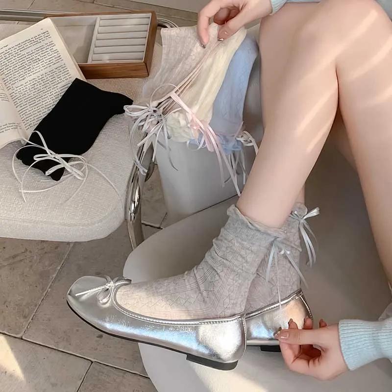 Socks For Women Korean Style New Solid Color Sweet Lolita Thin Socks Cute Breathable Bow Japanese Fashion Long Socks Female Mesh