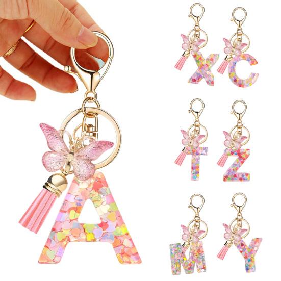 Epoxy Resin English Alphabet Keychain Heart-Shaped Sequins Butterflies Tassel Alphabet Keyring Initial Lettering Key Chain Mug Accessory