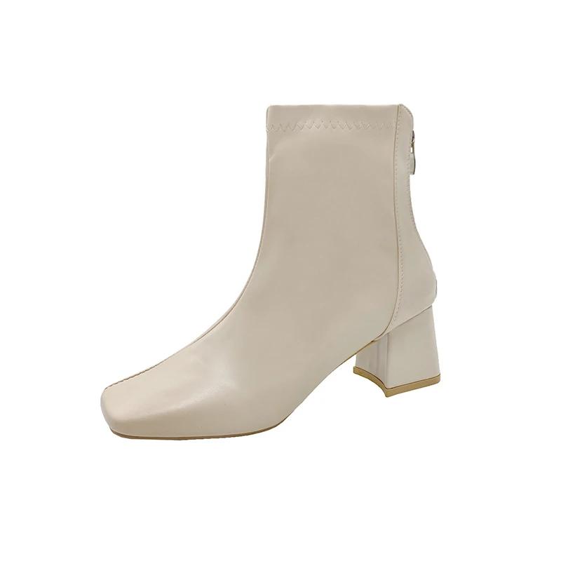 Повседневные женские ботинки на среднем каблуке на толстом каблуке. Новинка 2024 года. Женские зимние короткие ботинки с квадратным носком и молнией сзади.