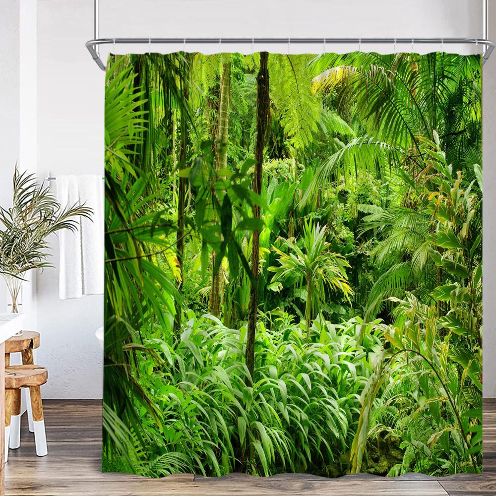 Natural Landscape Waterfall Forest Shower Curtain Scenery Green Leaves Plants Bathroom Decor Polyester Bath Curtain for Home