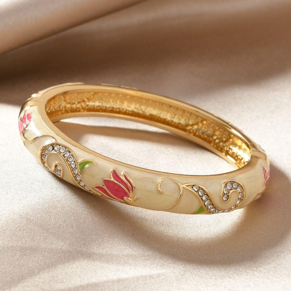 Open Chinese Cloisonne Bracelet Traditional Cheongsam Bracelet Classic Lotus Flower Bangle  Daily
