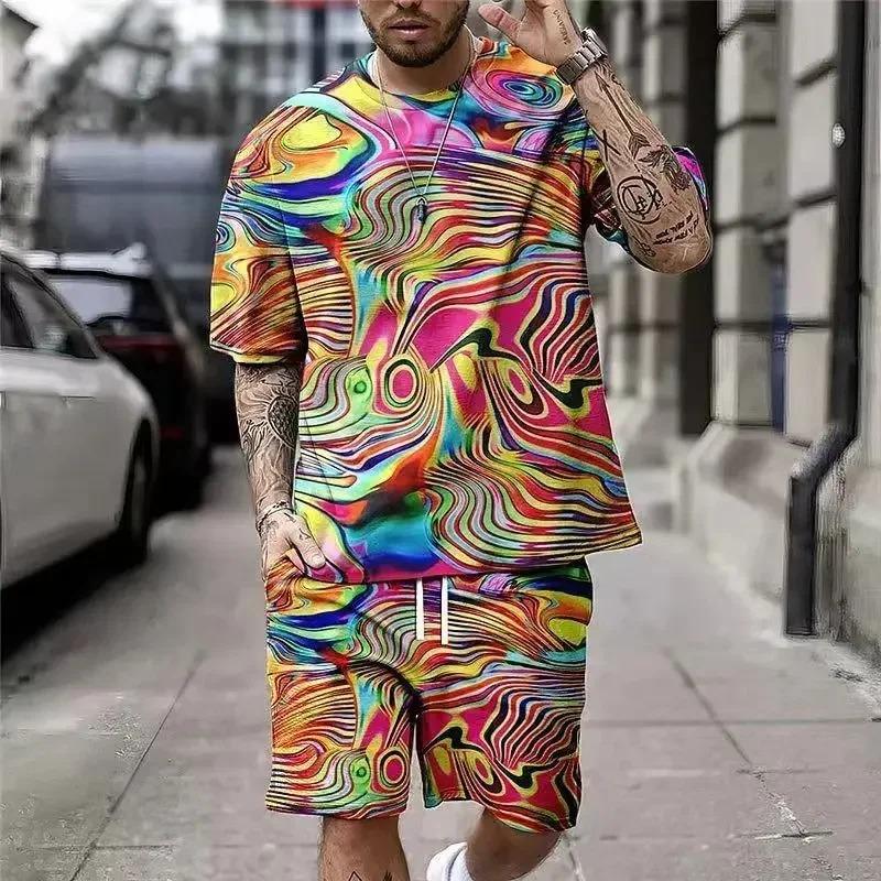 New Light Luxury Men's T-shirt Shorts Set Personalized Lion Tiger Pattern Colorful Mushroom Pattern Fashion Custom Men's Leisure