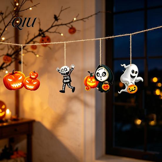 Halloween Decoration Pendant 6Pcs Wooden Hanging Decoration, Ghost Pumpkin Eyeball Ornament with Rope, Spooky Holiday Party Decor
