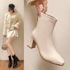 High-heeled Short Boots Female Spring and Fall Single Boots Chunky Heel Small Ankle Boots Back Zipper Square Head Elastic Boots