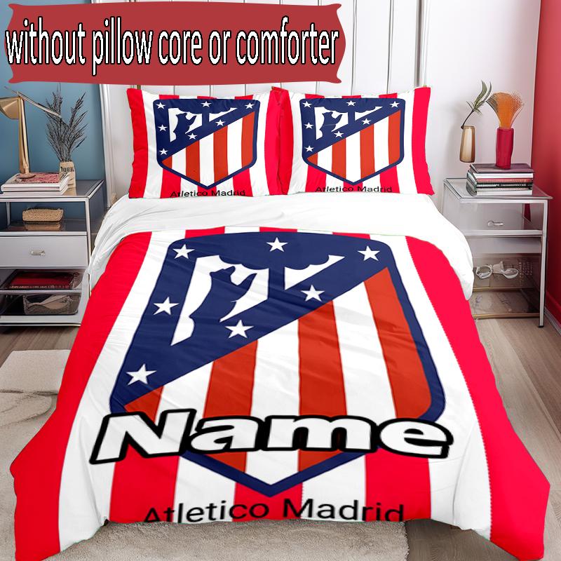 3pcs Duvet Cover Set (1*Duvet Cover + 2*Pillowcase, Without Core), Custom Name Atletico Madrid Pattern Bedding Set, Home Bedroom Decor Gift