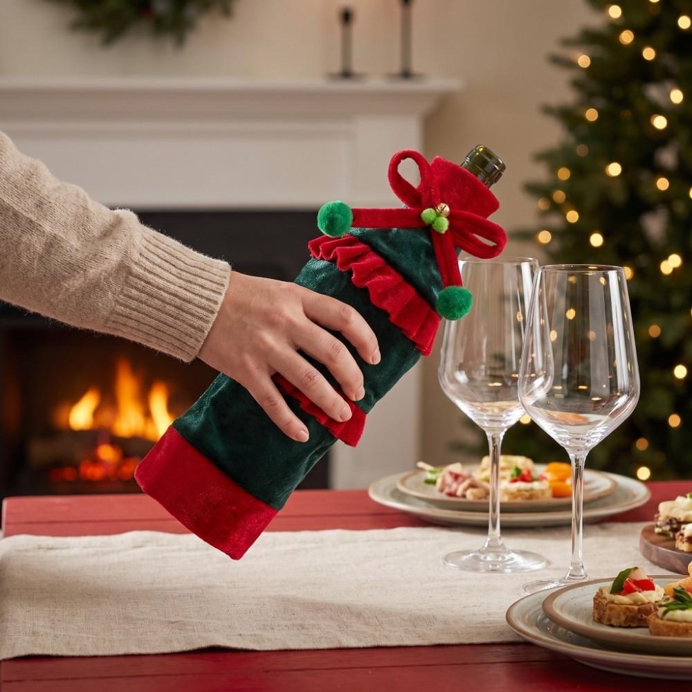 Bowknot Christmas Velvet Bottle Cover 30cm 11.81in Beer Bottle Cover Holiday Atmosphere