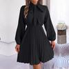 Элегантное осенне-зимнее женское платье на шнуровке с высокой талией, длинным рукавом и плиссировкой, однотонное