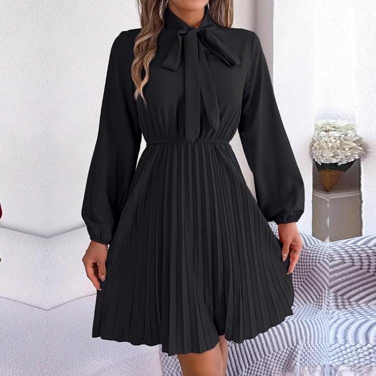 Элегантное осенне-зимнее женское платье на шнуровке с высокой талией, длинным рукавом и плиссировкой, однотонное