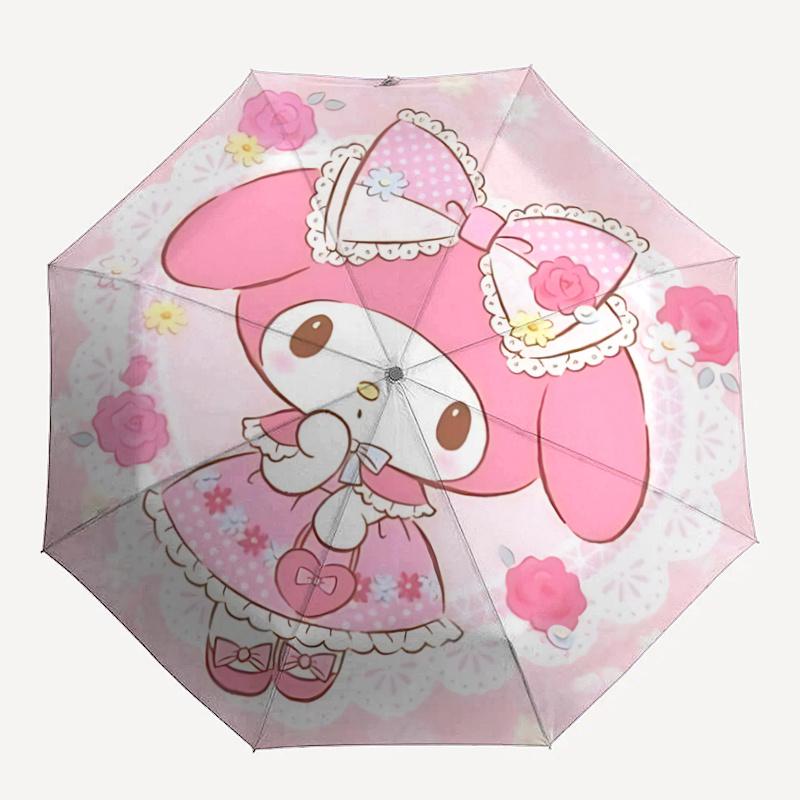1 шт. Розовый зонт My Melody с бантом для улицы - Автоматическое открытие/закрытие с кружевной отделкой, цветочный узор, идеально подходит для поклонников, путешественников, для ежедневного использования, праздничный подарок.A0