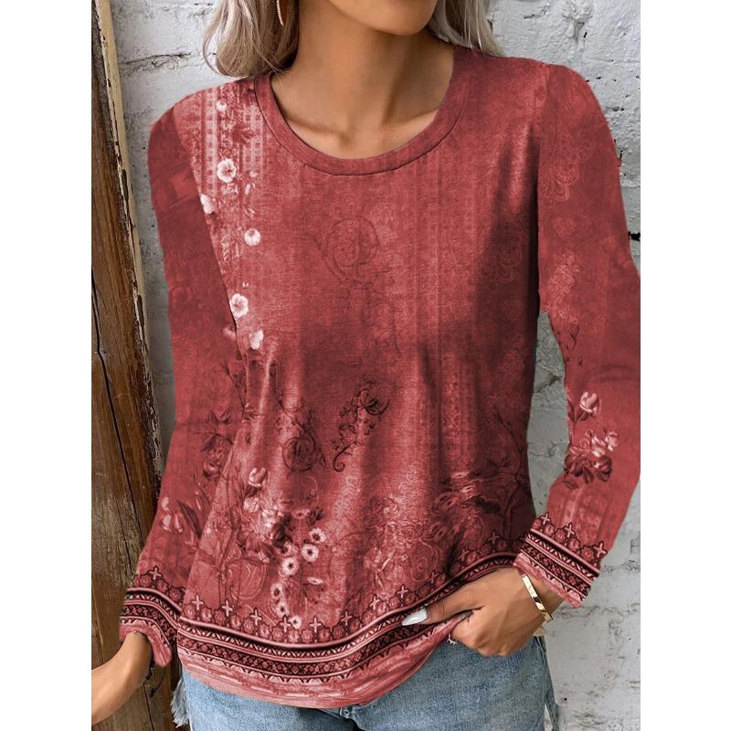 Spring and Autumn Round Neck 3D Floral and Paisley Printed Top Fashionable Casual Long Sleeved Women's T-shirts