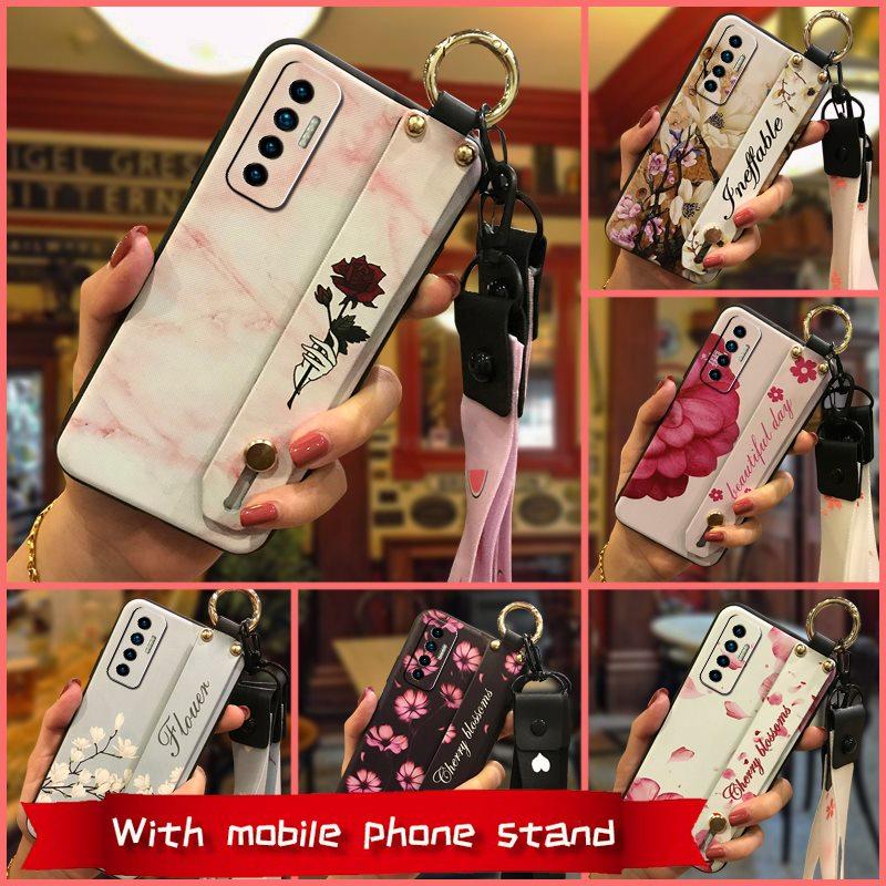 Soft Case Silicone Phone Case For Tecno Camon17P Dirt-resistant Flower Durable Wrist Strap Wristband Lanyard Ring