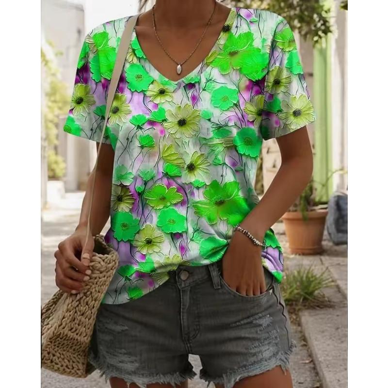 Fashion Women's V-Neck T-Shirt Summer Casual Outdoor Short Sleeve Tops Floral Printed Style OverSize Loose Women's Clothing