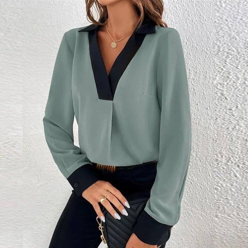 Women Long Sleeve V-neck Blouse Fashion Contrast Shirt Autumn 2023 Casual Loose Shirts Office Lady Tops Clothes Blusas 29450