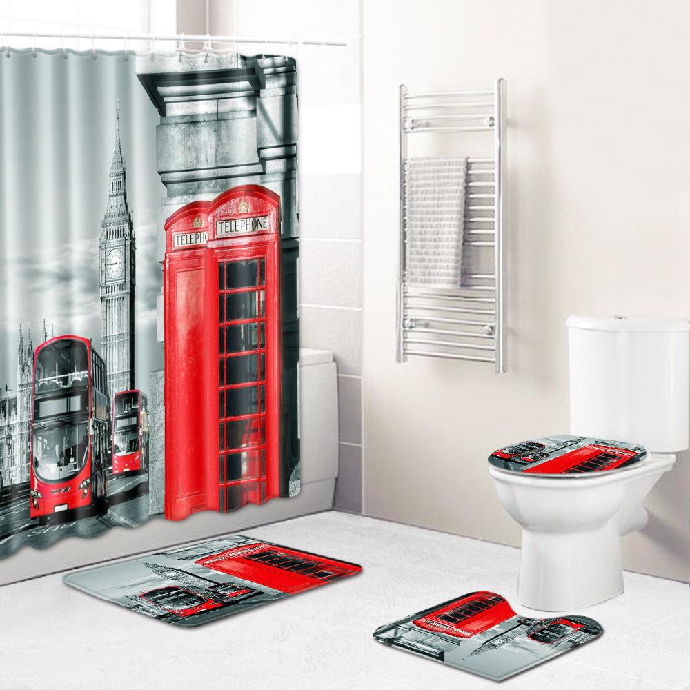Home Waterproof Print Shower Curtain 4 Piece Carpet Cover Toilet Cover Bath Mat Pad Set Bathroom Curtain Bathroom Decoration