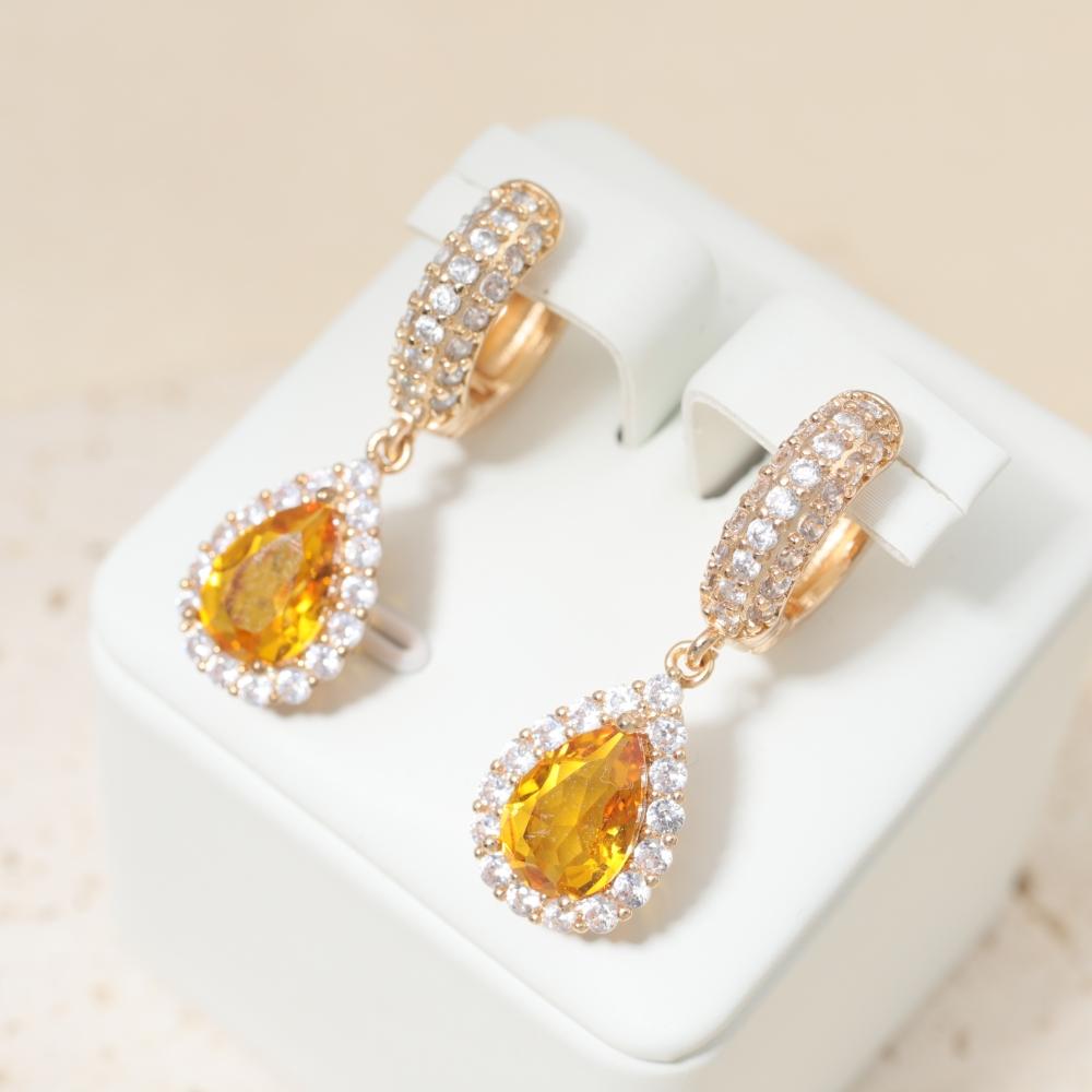 Sparkly Yellow Zirconia Teardrop Earrings for Women Fashion Earring Jewelry Wedding Party Accessories
