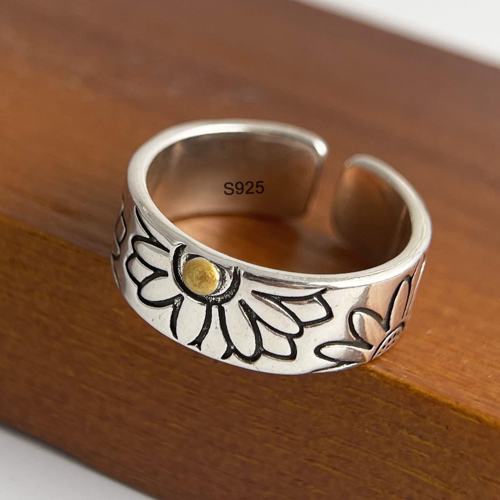 925 Sterling Silver Rings For Women Geometric Fine Jewelry Finger Adjustable Simple Vintage FLower Ring For Party Birthday Gift