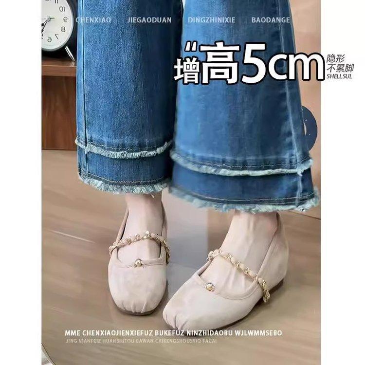 Маленький человек увеличение внутренней высоты 5 см ретро туфли Мэри Джейн женские 2025 металлическая цепочка темперамент мелкий вырез балетки