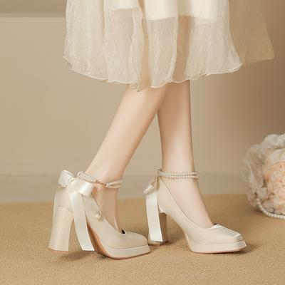 -2 замшевые туфли Мэри Джейн с жемчугом женские квадратный носок толстый каблук высокий каблук одинарные туфли бант водонепроницаемые туфли на платформе одинарные туфли женские