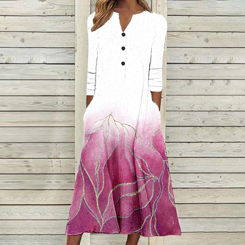 Women's Autumn And Winter Dress Women's Casual Printed Tube Top V-Neck Button Long Sleeve Swing Dress