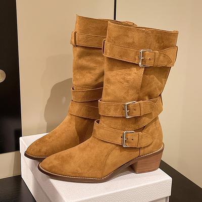 Новый стиль Модные женские абрикосовые замшевые ботильоны на низком каблуке для женщин Ковбойские ботинки в западном стиле Ботинки с боковой молнией Короткие ботинки Zapatos Mujer