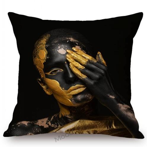 Black Gold African Lady Girl Style Modern Fashion Living Room Luxury Looking Decoration Art Sofa Pillow Case Linen Cushion Cover