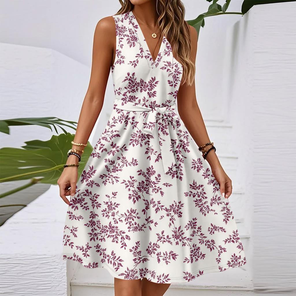 Women's Spring And Summer Casual V-Neck Sleeveless Waist Floral Print Midi Dress